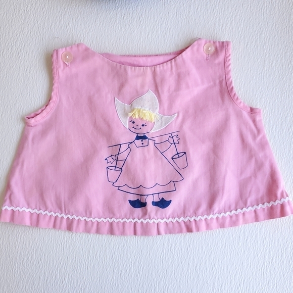 Vintage 2 Piece Top & Bottom Outfit Pink Dutch Girl Baby 12 Months - Picture 2 of 7